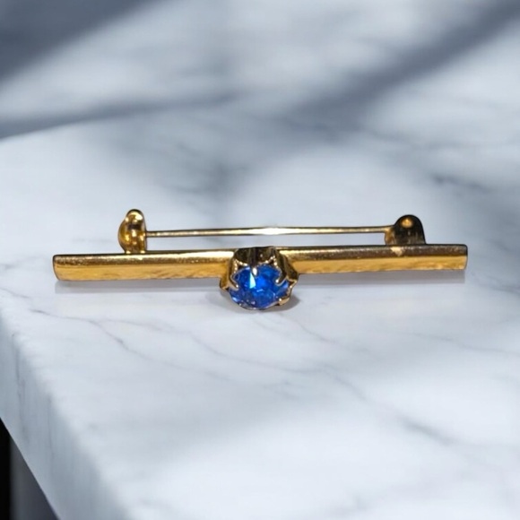Gold Bar Brooch with Blue Gem - Picture 1 of 2